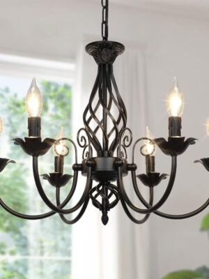 6-Light Farmhouse Candle Chandelier for Living Room, Rustic Industrial Pendant Ceiling Light fixture, Vintage Hanging Lamp for Bedroom Hallway Kitchen Dining Room Foyer, Matte Black E12 Socket