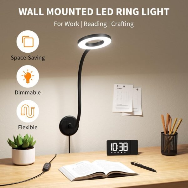 Wall Mounted Reading Light, LED Ring Right for Wall,Desk,Workbench, Shadowless Book Light in Bed at Night, 360 Flexible Gooseneck, Eye Care 5 Color Adjustable & Brightness Dimmable, Black