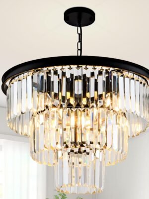 8 Light Modern Crystal Chandelier 20'' Black Chandeliers for Dining Room Contemporary Pendant Light Fixture Round 3-Tier Adjustable Height E12 for Living Room, Foyer, Entryway, Bedroom