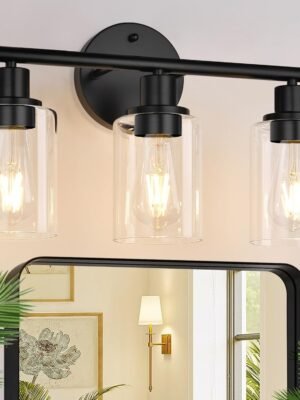3-Light Bathroom Light Fixtures, Black Modern Vanity Lights with Clear Glass Shade, Bathroom Wall Lamp for Mirror Kitchen Living Room Hallway Cabinet Porch