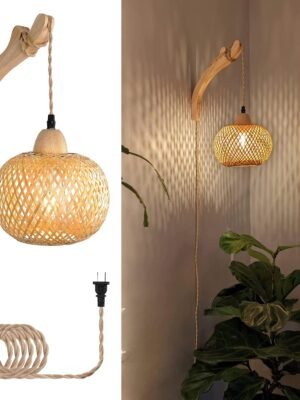 Bamboo Lantern Plug in Wall Sconces Wicker Wall Lamp with Plug in Cord Hand Woven Rattan Wall Light Farmhouse Rustic Wall Sconces Boho Sconces Wall Lighting for Living Room Bedroom
