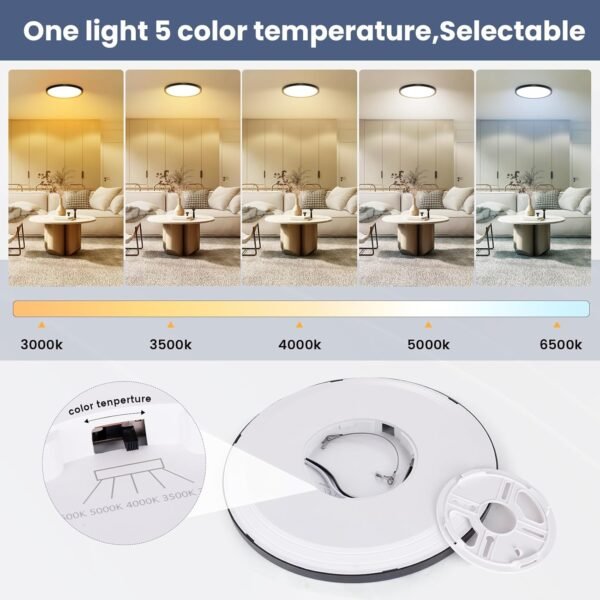 12 inch Flush Mount LED Ceiling Light Fixture, 5 Adjustable Ceiling Lights,Ultra Thin White Round Lamp,24W Dimmable Ceiling Light for Hallway Kitchen Bedroom,1pack Black