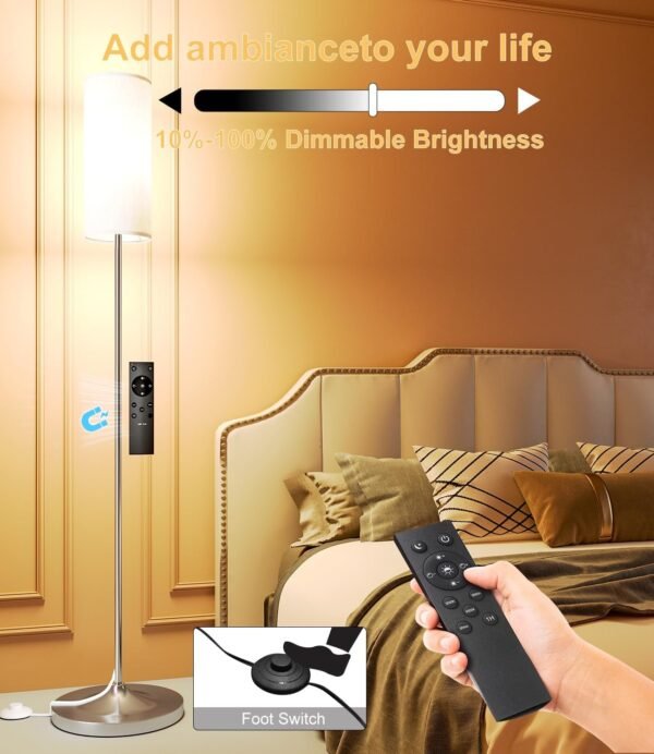 LED Floor Lamp for Living Room, Dimmable Standing Lamps with Foot Switch,Remote Custom Color Temperature Silver Pole Lamp with Lampshade,12W Led Bulb Tall Lamps for Bedroom Office Kid Room