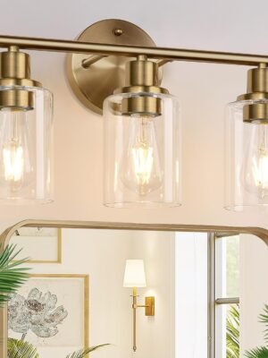 3-Light Bathroom Light Fixtures, Brushed Brass Bathroom Wall Lights, Modern Bathroom Vanity Light with Clear Glass Shade, Bathroom Wall Lamp for Mirror Kitchen Living Room Hallway Cabinet