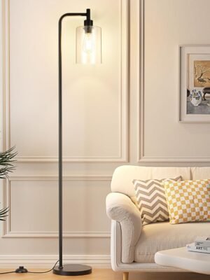 Industrial Floor Lamp with Glass Shade - Black, LED Bulbs, Foot Pedal Switch, Easy Assembly