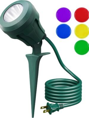 120V Christmas Spotlight Outdoor, 5 Extra Color Lenses, 4.8W Waterproof LED Outdoor Spotlight, 5000K Landscape Lighting for Yard Flag Tree Holiday Decor, 180° Adjustable, UL Listed