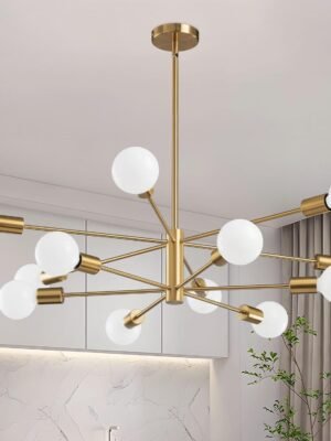 Modern  Chandeliers Light, 12-Light Gold Gold Dining Room Chandelier Over Table, Height Adjustable Industrial Semi Flush Mount Mid Century Chandelier for Kitchen Island Living Room