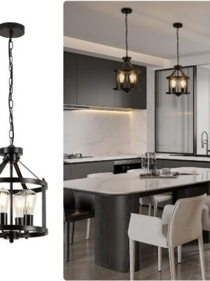 Black Farmhouse Chandelier, 4-Light Pendant Lights over Kitchen Island, Industrial Chandelier Ceiling Hanging Light Fixtures for Entryway Dining room Foyer Hallway Living Room, Adjustable Height