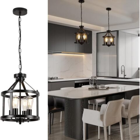 Black Farmhouse Chandelier, 4-Light Pendant Lights over Kitchen Island, Industrial Chandelier Ceiling Hanging Light Fixtures for Entryway Dining room Foyer Hallway Living Room, Adjustable Height