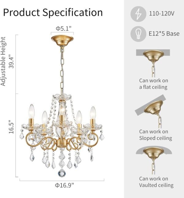 Mini Crystal Chandelier K9 Crystal Lighting Chandelier for Living Room 5 E12 Bulbs High 16.5 in x Diameter 16.9 in, Golden