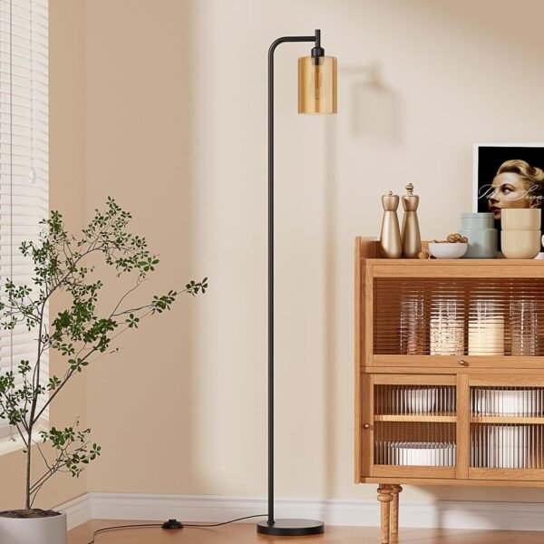 Floor Lamps for Living Room - Standing Lamp with Amber Glass Shade, Modern Floor Lamp with LED Bulbs, Industrial Floor Lamp for Bedroom, Black Tall Lamp for Office(Light Bulb Included)