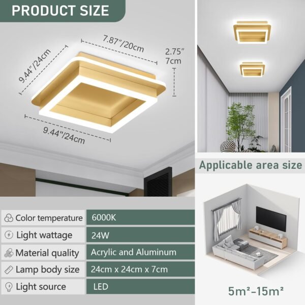 Square LED Hallway Ceiling Light, Gold Modern Led Ceiling Light Fxitures, 6000K Cold White Small Flush Mount Ceiling Lamp for Hallway Bedroom Kitchen Balcony Cloakroom
