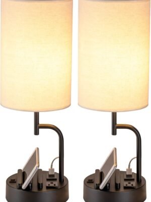 Table Lamp with 3 USB Charging Ports, Modern Desk Lamp with AC Outlet and Phone Stands, Perfect Bedside Lamp for Bedroom, Living Room, Office (Pack of 2), Cream