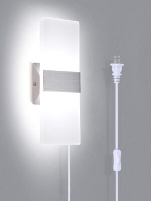 Wall Sconce Plug in, Modern Wall Sconce 12W Wall Mounted Light 6000K Cool White Acrylic LED Wall Lights with 6FT Plug in Cord and On/Off Switch on The Cord(1 Pack, Silver)