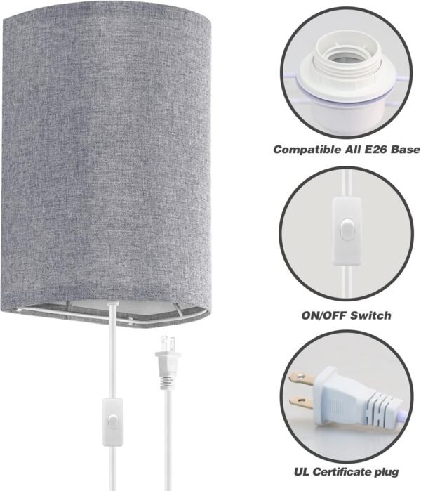 Wall Sconces Set of Two, Fabric Shades Plug in Wall Sconces, 3 Color Temperature Switching Modern Wall Light Fixtures, Wall Lamp with Plug in Cord, On/Off Switch Wall Lights for Bedroom Porch (Grey)