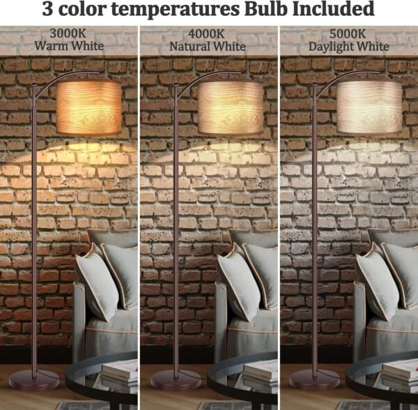 Floor Lamp for Living Room with 3 Color Temperatures LED Bulb, Standing Lamp Tall Industrial Floor Lamp for Bedroom, (9W LED Bulb, Wood Grain Pattern Lampshade Included) -Oil-Rubbed Bronze