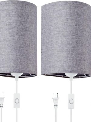 Wall Sconces Set of 2, Plug in Wall Sconces with On/Off Switch, 3-Color Selectable (3000K/4000K/6000K), Fabric Linen Lamp Shades, No Wiring Required, Ideal for Bedroom, Living Room, and Porch (Grey)