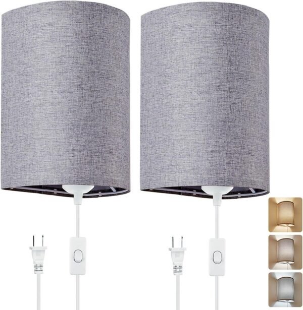 Wall Sconces Set of 2, Plug in Wall Sconces with On/Off Switch, 3-Color Selectable (3000K/4000K/6000K), Fabric Linen Lamp Shades, No Wiring Required, Ideal for Bedroom, Living Room, and Porch (Grey)