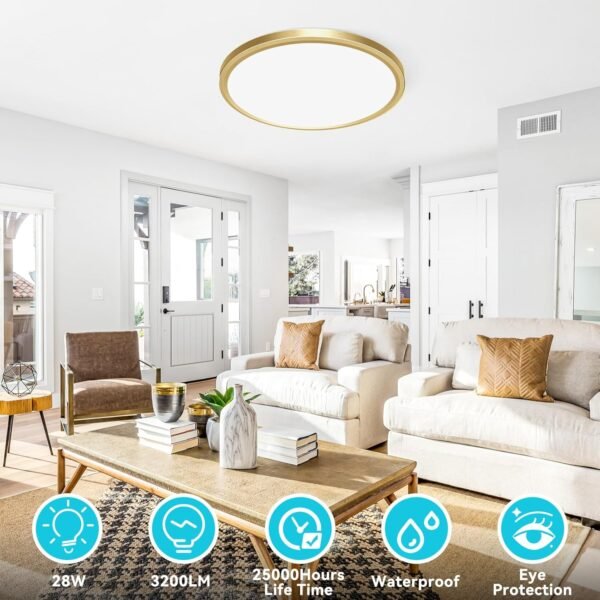 12 Inch LED Ceiling Light Golden, 28W 3200lm Aureate Flush Mount Ceiling Light, 3 Color Temperature 3000K/4500K/6000K, Gilded Round Flat Light Fixture for Kitchen Bathroom Shower, 2Pack