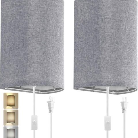 Wall Sconces Set of Two, Fabric Shades Plug in Wall Sconces, 3 Color Temperature Switching Modern Wall Light Fixtures, Wall Lamp with Plug in Cord, On/Off Switch Wall Lights for Bedroom Porch (Grey)
