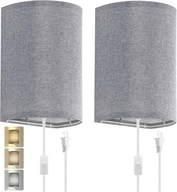 Wall Sconces Set of Two, Fabric Shades Plug in Wall Sconces, 3 Color Temperature Switching Modern Wall Light Fixtures, Wall Lamp with Plug in Cord, On/Off Switch Wall Lights for Bedroom Porch (Grey)