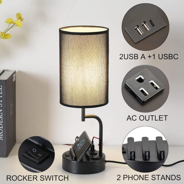 Table Lamp with 3 USB Charging Ports, Modern Desk Lamp with AC Outlet and Phone Stands, Perfect Bedside Lamp for Bedroom, Living Room, Office (Pack of 2), Black
