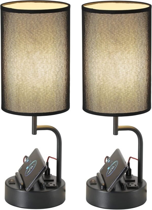 Table Lamp with 3 USB Charging Ports, Modern Desk Lamp with AC Outlet and Phone Stands, Perfect Bedside Lamp for Bedroom, Living Room, Office (Pack of 2), Black
