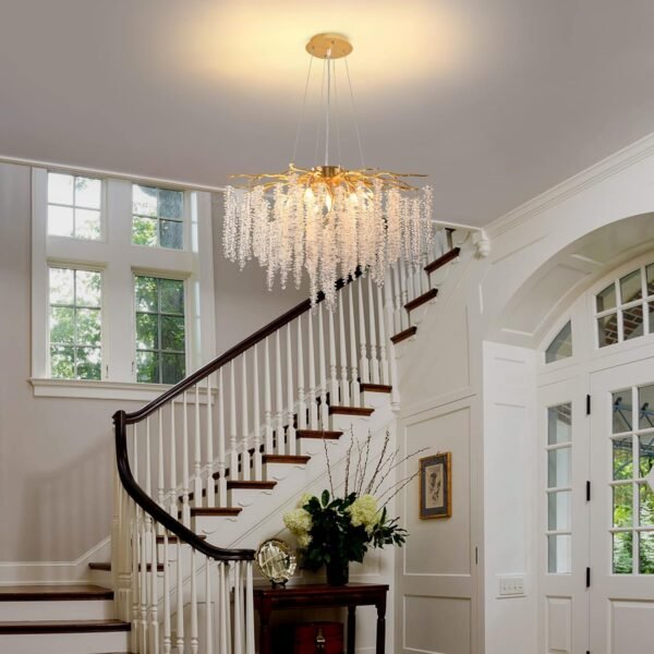 Crystal Tree Branches Chandeliers Gold Luxury Round Raindrop Pendant Light Fixture 9 Light Tassel Ceiling Hanging Light for Dining Room Bedroom Living Room Entryway 23.7"